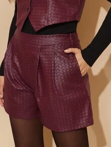 Amorya 女士优雅高端勃艮第 PU 背心和短裤两件套，适合日常、派对和多场合穿着，秋季 - 酒紅色 - 查看 6