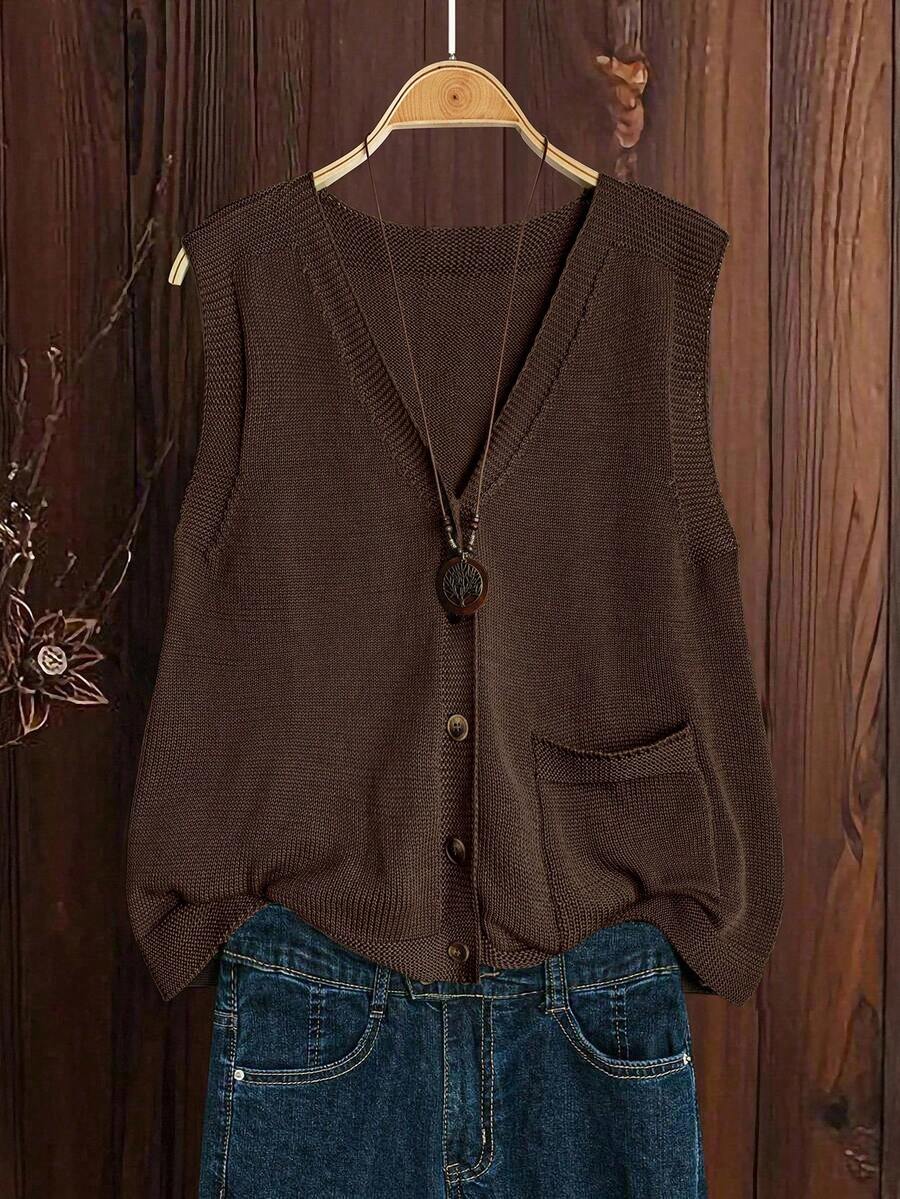 Linhara Plus Size Women Solid Color Knitted V-Neck Button Sleeveless Casual Pullover Vest, Spring/Autumn - Coffee Brown - View 1