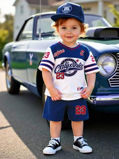 SHEIN Playful Pals 男宝宝两件套夏季套装，活力数字字母印花套装 - V领短袖上衣搭配同色系短裤，适合外出、休闲、运动和派对等场合。复古男宝宝服装，男宝宝运动衫，男宝宝夏季套装，男宝宝加州风套装