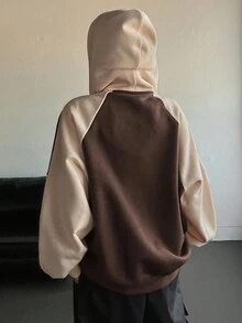 Dazy Star 女士抽绳纯色拼布长袖前拉链口袋连帽运动衫，休闲日常，长袖上衣，秋装夹克 - 咖啡棕 - 查看 2