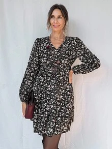 Livesso Vestido midi de manga larga con cuello en V y cintura ceñida con estampado floral diminuto, estilo vacacional