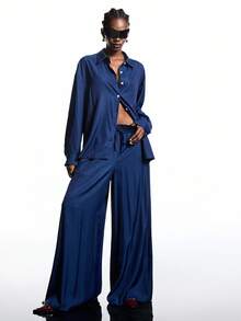 LYSMO Conjunto Casual de 2 Peças com Camisa de Manga Longa com Ombros Caídos e Calça Perna Larga Solta em Cor Sólida, Outono - Azul - Visão 3