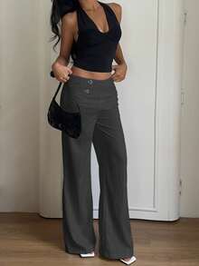SHEIN EZwear 大码女式宽松高腰搭扣设计阔腿长裤，深灰色 - 深灰色 - 查看 7