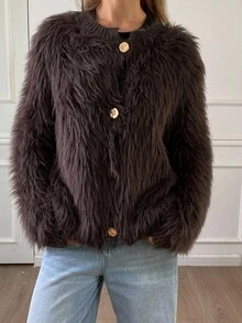 DAZY Women's Loose Casual Fuzzy Brown Cardigan Sweater, Autumn/Winter