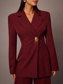 Silquee 女士休闲商务纯色收腰长袖西装外套 - 酒紅色 - 查看 5