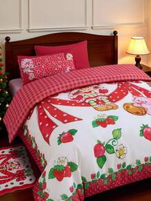 Strawberry Shortcake X SHEIN 3 pezzi Set biancheria da letto con motivo a pois e fragole, copripiumino rosso, morbido e confortevole, adatto per letti singoli/matrimoniali/queen/king, camera da letto/casa