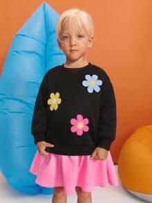SHEIN Young Girl Colorblock Floral 3D Applique Cute Casual Dress - Black - View 6