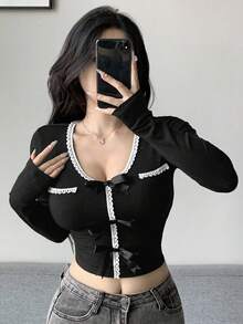 DAZY 秋季新款蝴蝶结装饰修身女式T恤长袖上衣 - 黑色 - 查看 1