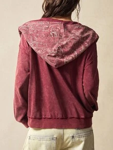 Bohemela Boho Paisley Print Hooded Casual Solid Color Washed Knit Sweatshirt For Women In Fall/Winter - Red - View 8