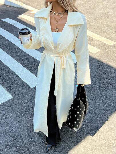Siren Gaze Women's White Autumn Elegent Office Luxury Cream Linen Trench Coat,2025 Fashion Solid Lapel Collar Belted Long Coat For Work Commute Business Casual