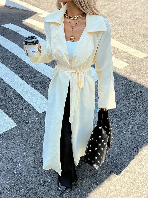 Siren Gaze Autumn Fall Clothes For Women Elegant Luxury Cream Linen Trench Coat Women's 2025 New Fashion Simple Solid Color Lapel Collar Belted Long Trench Coat, Formal Chic Thin Versatile Coat For Going Out Work Commute Business Casual, Perfect For Autumn Winter Party Graduation Prom