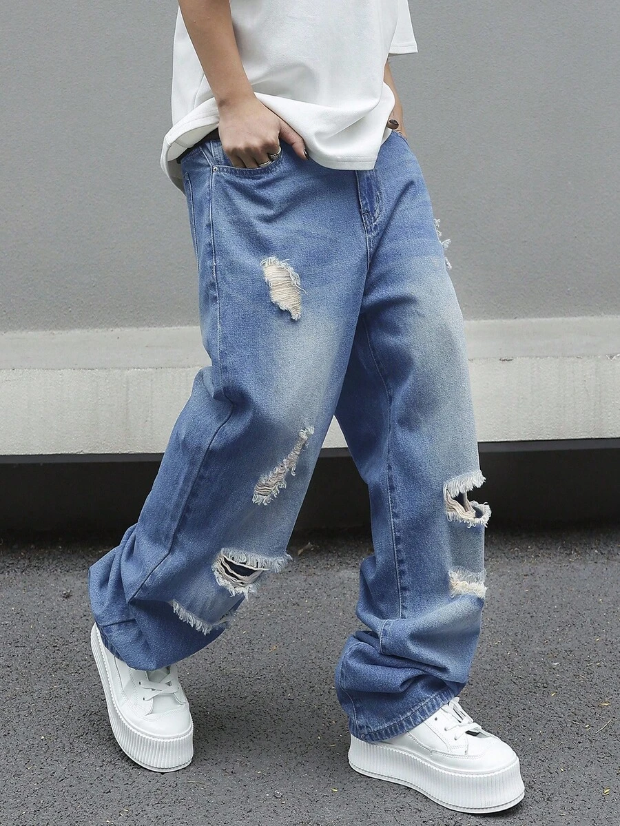 Manfinity EMRG Men's Pocket Distressed Wide Leg Loose Casual Jeans Ripped Baggy Jeans Men