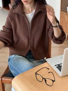 Livesso Women's Loose Business Casual High Neck Knit Cardigan, Minimalist Fashion For Commuting And Office Wear, Autumn/Winter