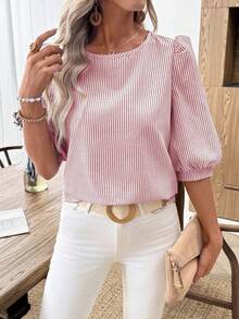 EMERY ROSE 女士休闲通勤条纹灯笼袖衬衫 - 紅色 - 查看 3