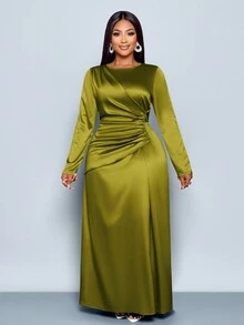 SOLERSUN Vestido de satén ajustado con drapeado lateral de unicolor elegante para mujer, adecuado para citas, fiestas y atuendos de mujer maxi - Verde Oliva - Ver 6