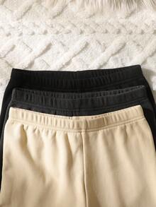 SHEIN 少女三件套字母拼接细节保暖打底裤，柔软高弹罗纹保暖内衬，休闲百搭，黑色/深灰色/杏色秋冬款 - 彩色 - 查看 5