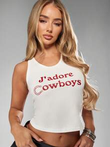 MISSGUIDED Western Cowgirl Tank Top French Text Graphic Print Sleeveless Summer Festival Country Music Concert Casual Vintage Style Cotton Vest Top