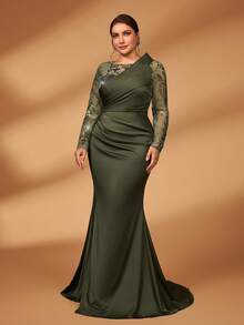 Serin Plus Size Autumn And Winter Elegant Gorgeous Luxury Green Sequin Embroidery Stitching Satin Long Sleeves Asymmetrical Pleated Shape Chest Design Slim Pleated Fishtail Hem Dress Suitable For Dinner Bachelorette Party Date Dance Holiday Wedding Event Mother Of The Bride Dress Evening Dress, Valentine's Day - Green - View 1