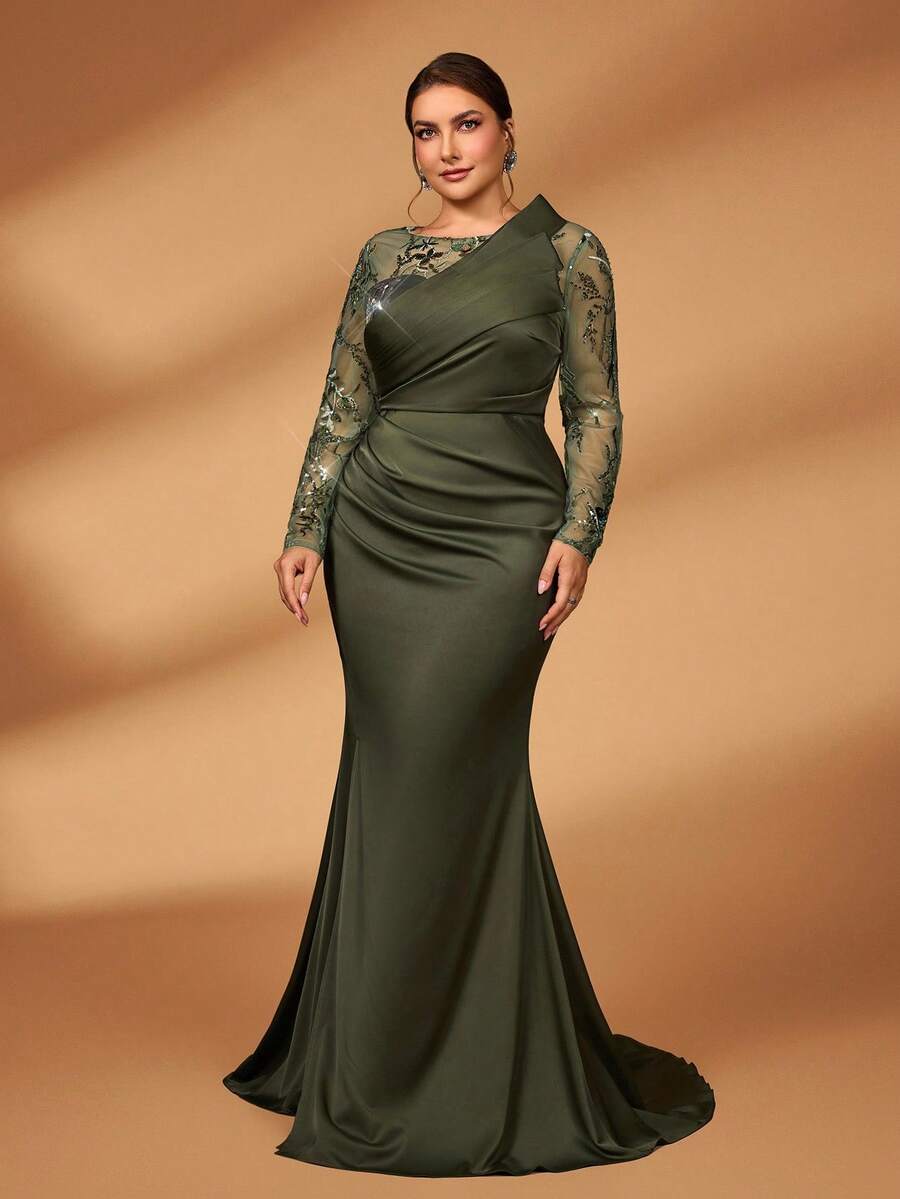 Serin Plus Size Autumn And Winter Elegant Gorgeous Luxury Green Sequin Embroidery Stitching Satin Long Sleeves Asymmetrical Pleated Shape Chest Design Slim Pleated Fishtail Hem Dress Suitable For Dinner Bachelorette Party Date Dance Holiday Wedding Event Mother Of The Bride Dress Evening Dress, Valentine's Day - Green - View 1