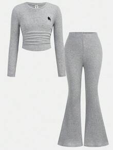 SHEIN Tween Girls Solid Color Round Neck Long Sleeve T-Shirt And Pants 2-Piece Set Fall Winter - Grey - View 2