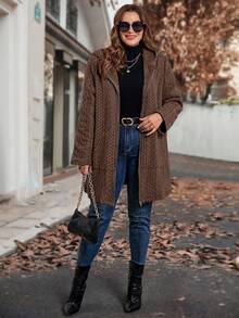 SHEIN Clasi 大码女式纹理长袖拉链连帽休闲夹克，秋冬 - 棕色 - 查看 6