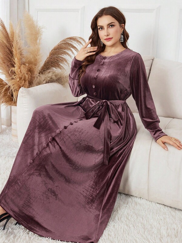 Al Najma Lässiges, locker sitzendes Samt-Rundhals-Langarmkleid in Große Größen im arabischen Stil, Frühling/Herbst