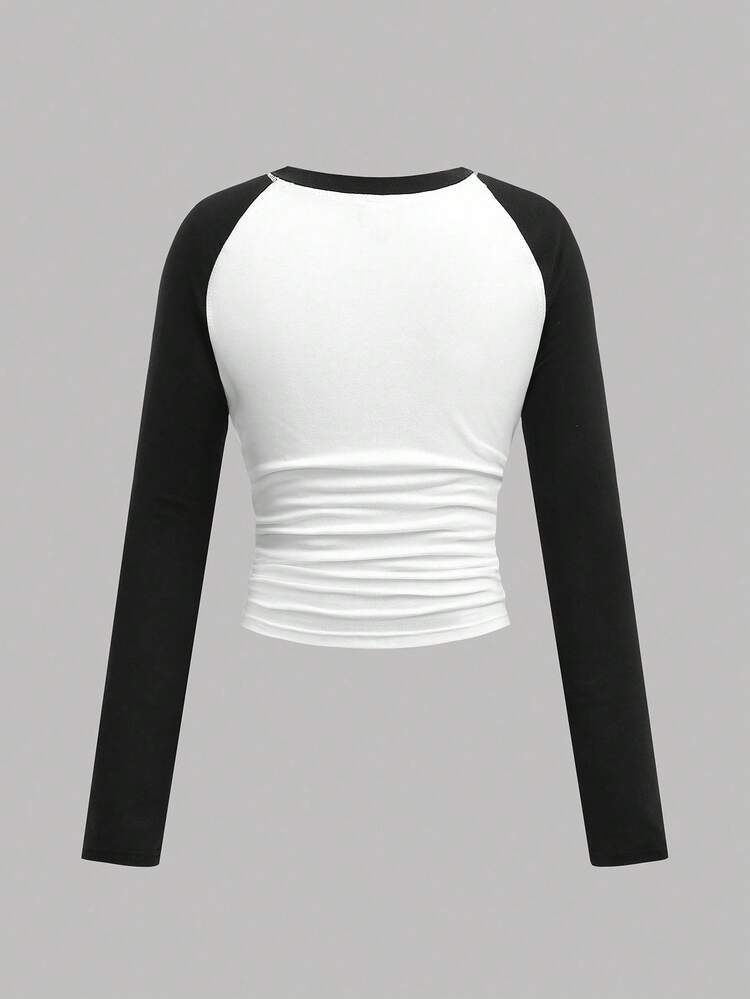 SHEIN Teen Girls' Colorblock Knit Crop Top With Raglan Sleeves, Navy Blue & White - Blue and White - View 2