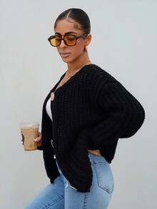 SAYEHFBABY Women's Casual Solid Color Black Cardigan With Pockets, Autumn/Winter,Knitted Sweater - Black - View 6