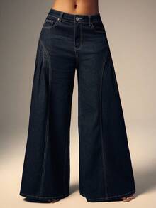 Denimoi 女式口袋褶皱阔腿宽松休闲牛仔裤 - 深色水洗藍 - 查看 3