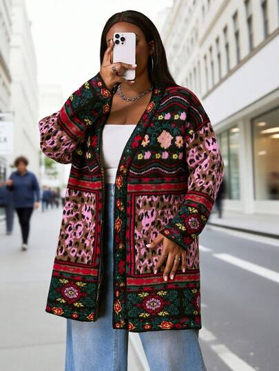 Slaydiva Plusstorlek Dam Leopard & Blommönster Nedsänkta Axlar Långärmad Casual Stickad Kofta, Höst