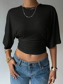 Aloruh T-shirt décontracté court plissé à manches courtes chauve-souris, col rond, couleur unie pour femmes - Noir - Voir 3
