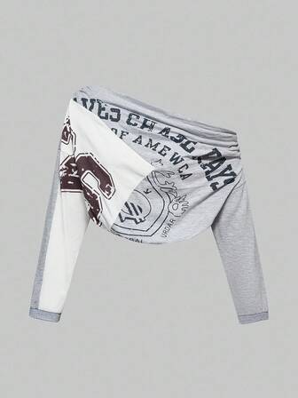 Street Life Camiseta de manga larga asimétrica de hombro corta, estilo deportivo casual y sexy con estampado de patchwork vintage del milenio Y2K para mujer