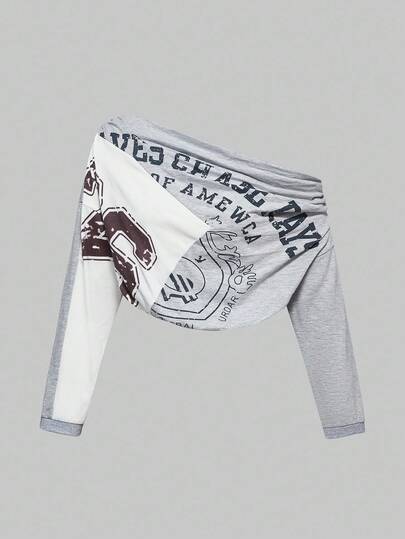 Street Life Camiseta de manga larga asimétrica de hombro corta, estilo deportivo casual y sexy con estampado de patchwork vintage del milenio Y2K para mujer