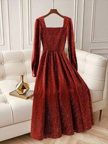 SHEIN Clasi 大码女式优雅X形方领长袖束腰A字褶皱银色和红色派对晚会长裙 - 紅色 - 查看 2