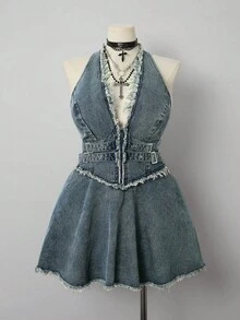 Sunspun Plus Size Women's Street Style Sleeveless Blue Denim Dress - Medium Wash - View 1