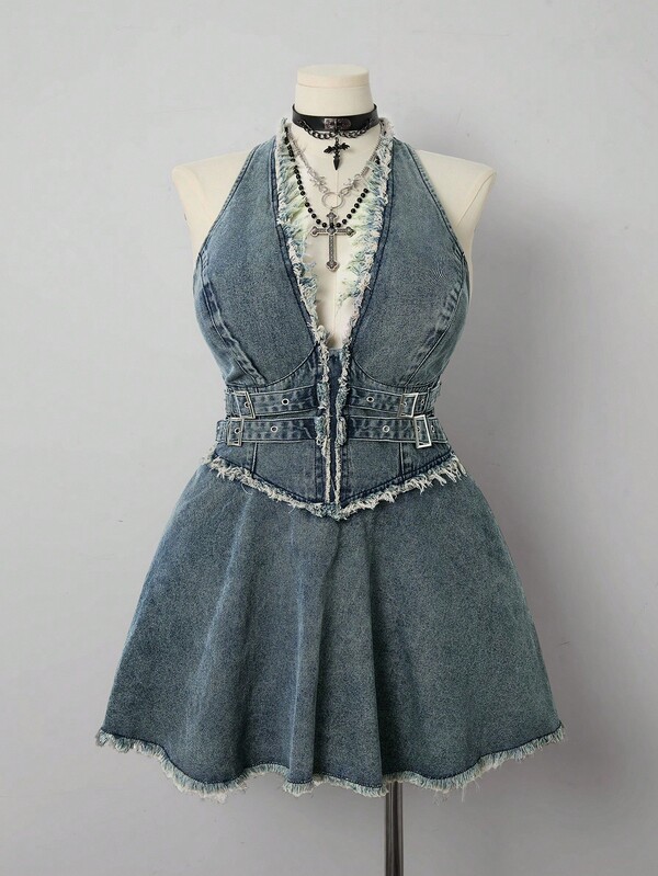 Sunspun 大码女式街头风格无袖蓝色牛仔连衣裙