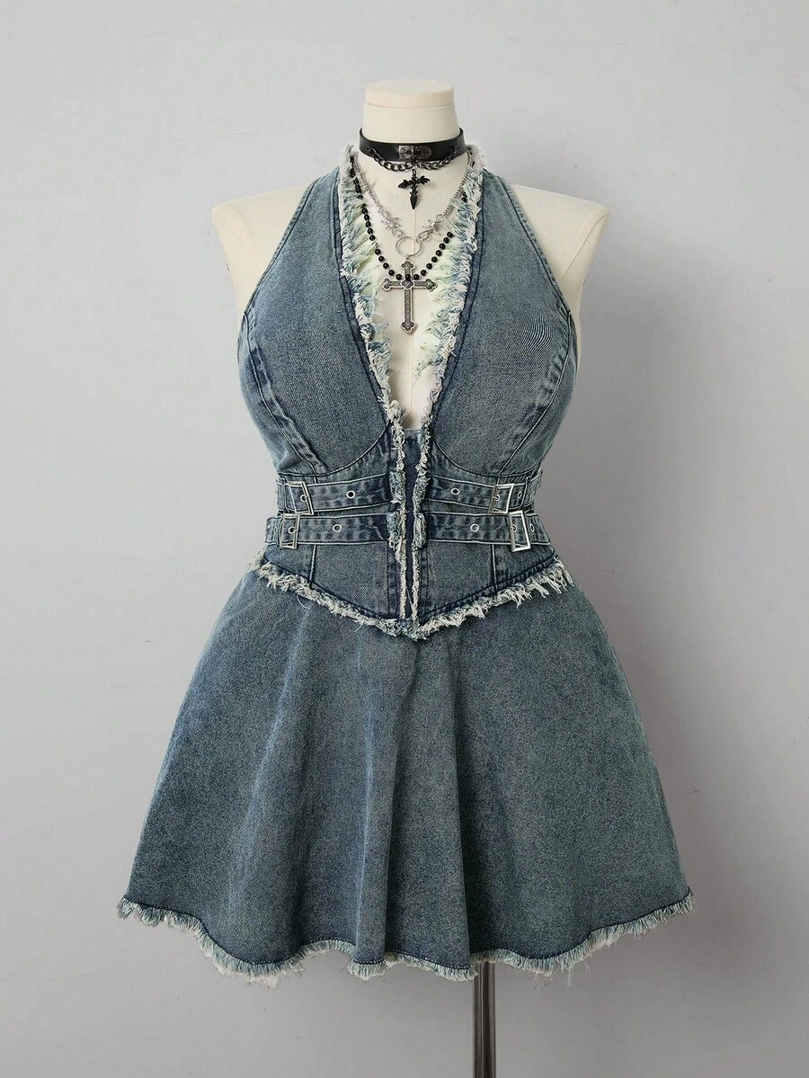 Sunspun Plus Size Women's Street Style Sleeveless Blue Denim Dress - Medium Wash - View 1