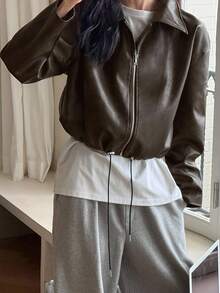 DAZY 女士短款立领PU皮夹克，都市休闲街头风外套 - 棕色 - 查看 6