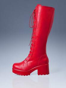 CUCCOO GRLICON 女士时尚白色厚底舒适靴，适合通勤、约会、派对、节日、圣诞节、万圣节、Y2K 风格 - 紅色 - 查看 4