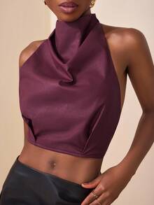 Zivah 2025秋冬新品，音乐节，毕业季，学院风，学生装，日常休闲，度假，海滩，日光浴，街头风，通勤优雅，圆领，小立领，无袖，PU皮上衣，露脐上衣，酒红色 - 酒紅色 - 查看 5