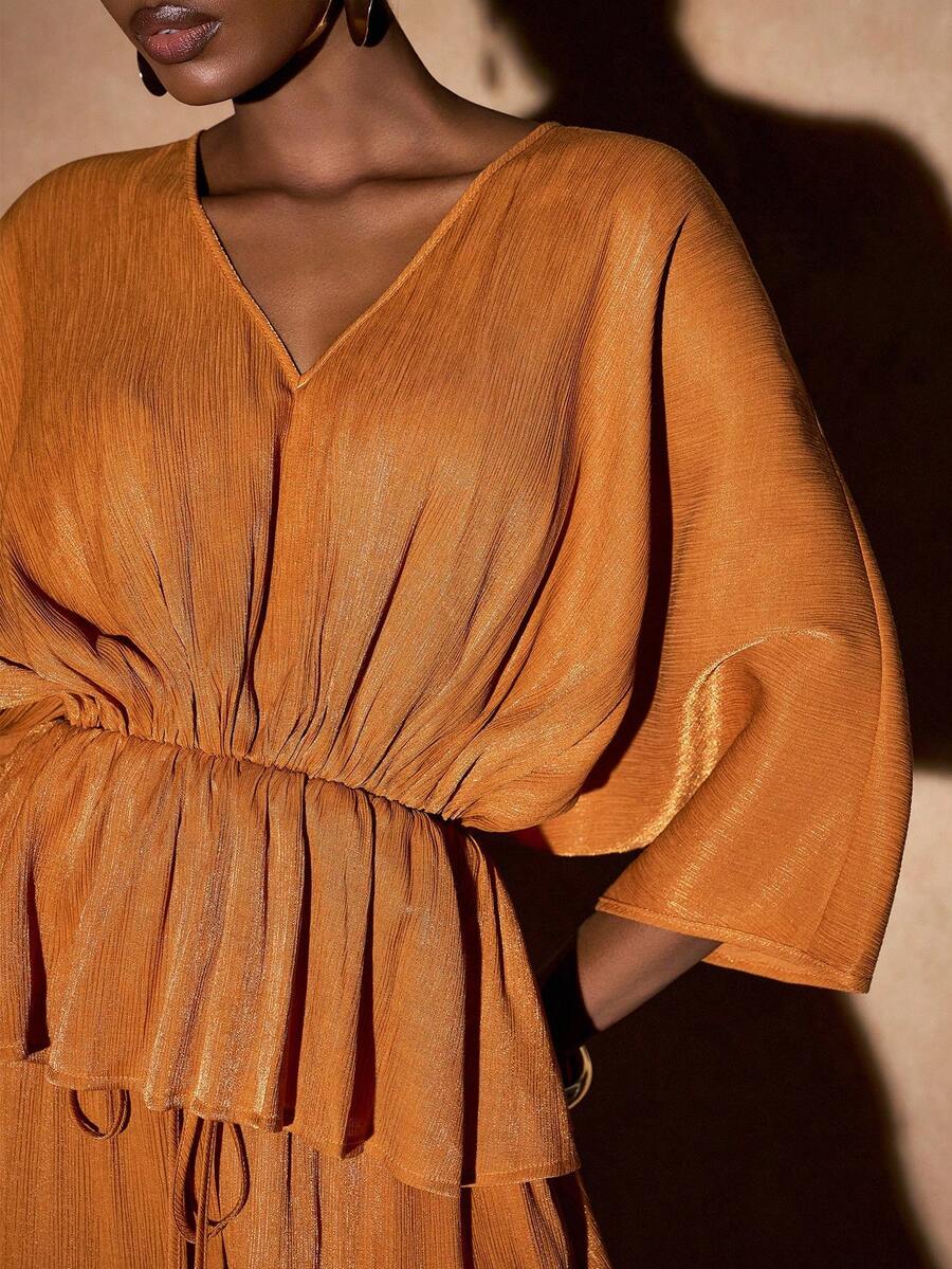 Zivah 2025夏初秋新款节日圣帕特里克节,西部风,游牧风,参加生日派对,毕业季,学院风,日常出游,基础款,百搭款,休闲度假,邮轮旅行,沙滩海边,晒太阳,流行街头风,休闲优雅通勤V领蝙蝠袖宽松荷叶边下摆上衣+宽松超长裤,橙红色褶皱亮丝面料女两件套-A - 亮橙色 - 查看 1