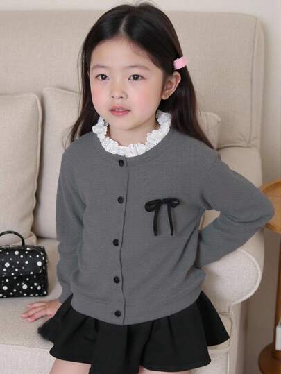 Genkimix Kids Genkimix 少女撞色蕾丝开衫，适合秋春季，蝴蝶结设计针织毛衣，适合外出、上学和日常休闲穿着