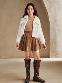 SHEIN 少女清新長袖毛絨圓領夾克 - 白色 - 查看 4