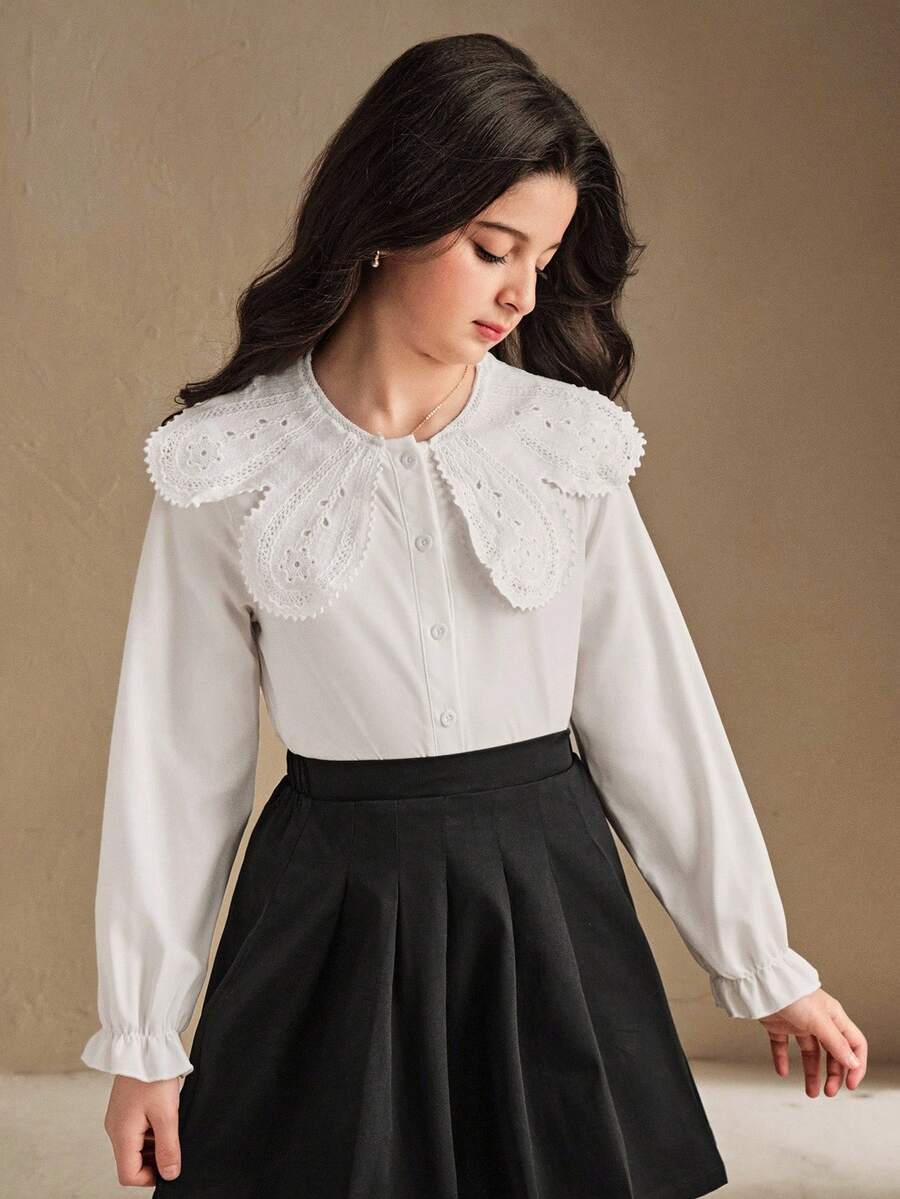 SHEIN 女孩优雅刺绣花领长袖开襟单排扣休闲公主衬衫,适合上学、度假、旅行、生日派对、春秋季 - 白色 - 查看 1