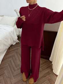 SHEIN Cottnline Rib Pattern Pocket Pullover Pant Knit Set Lounge Burgundy Autumn Minimalist Casual - Burgundy - View 6