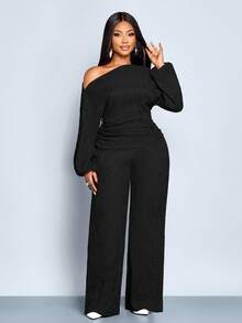 SOLERSUN Plus Size Women Summer Black Winter Smart Casual Dinner Two Pieces Set,Asymmetrical Shoulder Long Sleeve Drawstring Top & Slim  Micro Flared Pants Set - Black - View 6