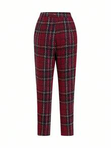 Ellevyn Women's Peter Pan Collar Cinched Waist Long Sleeve Metal Button Red Plaid Christmas Wool Tapered Pants, Elegant For Everyday Wear - Multicolor - View 12