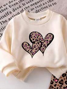 SHEIN Retro Streetwear Leopard Print Heart Pattern, Baby Girl Knit Soft Casual Crew Neck Thick Sweatshirt And Flare Pants Set - Multicolor - View 6