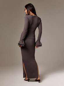 AiiRZ Cotton Women Henley Neck Ruffle Bell Sleeve Crop Top With Side Split Maxi Skirt Co-Ord Set Evening Party Ribbed Two Piece Fall Winter Outfit - Grey - View 2