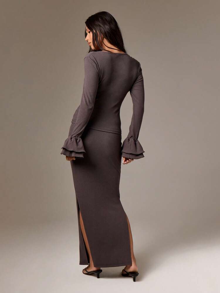 Henley Neck Ruffle Bell Sleeve Co-Ord Set